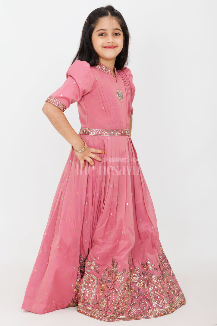 Dusty Rose Girls Silk Gown with Floral Embroidery and 3/4 Sleeves for Party Wear