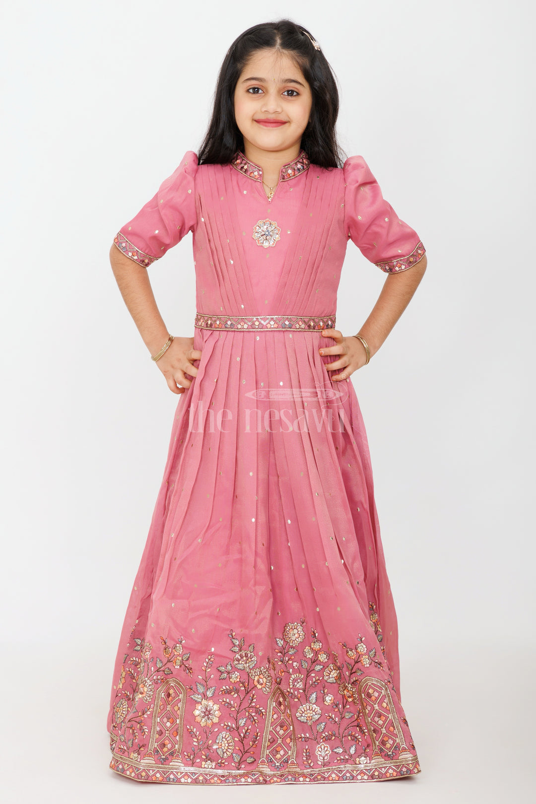 Dusty Rose Girls Silk Gown with Floral Embroidery and 3/4 Sleeves for Party Wear