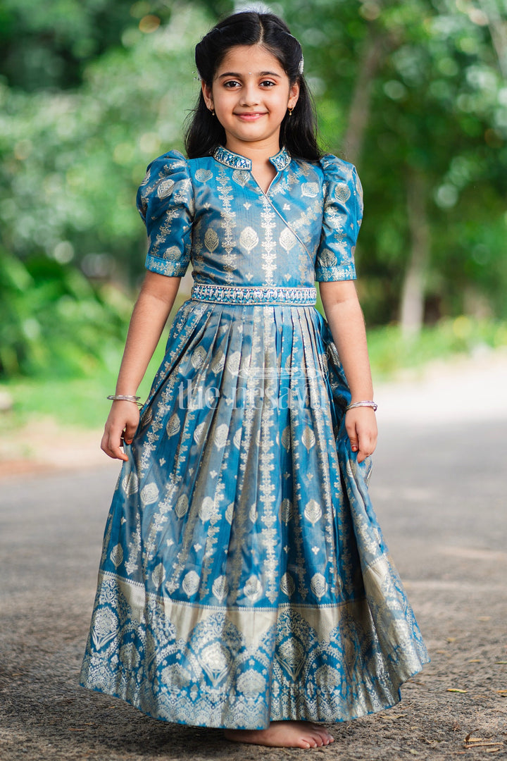 Girls Blue Silk Gown with Golden Borders and Intricate Embroidery for Weddings and Celebrations