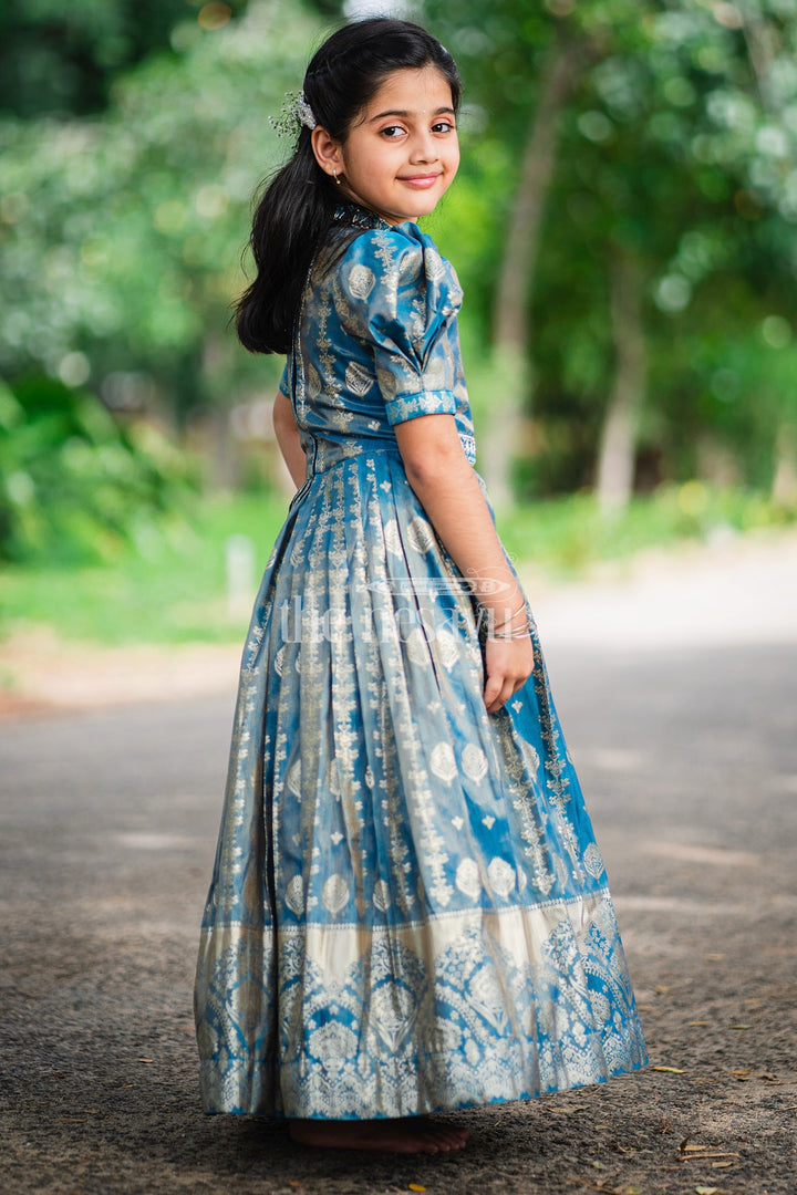 Girls Blue Silk Gown with Golden Borders and Intricate Embroidery for Weddings and Celebrations