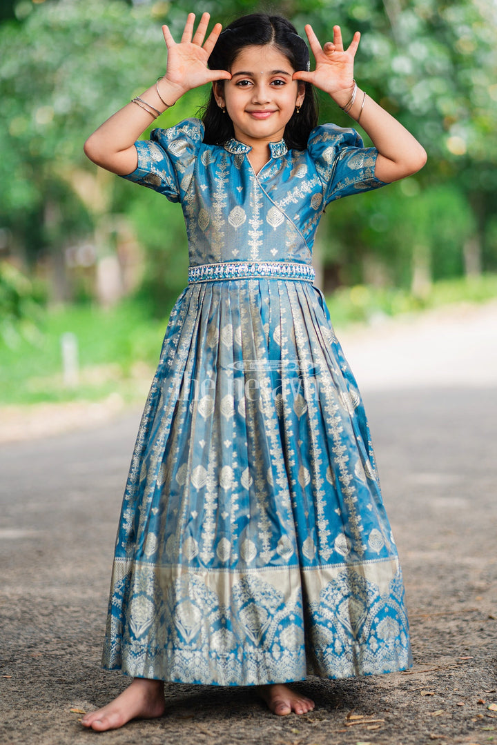 Girls Blue Silk Gown with Golden Borders and Intricate Embroidery for Weddings and Celebrations