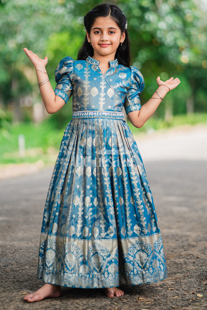 Girls Blue Silk Gown with Golden Borders and Intricate Embroidery for Weddings and Celebrations