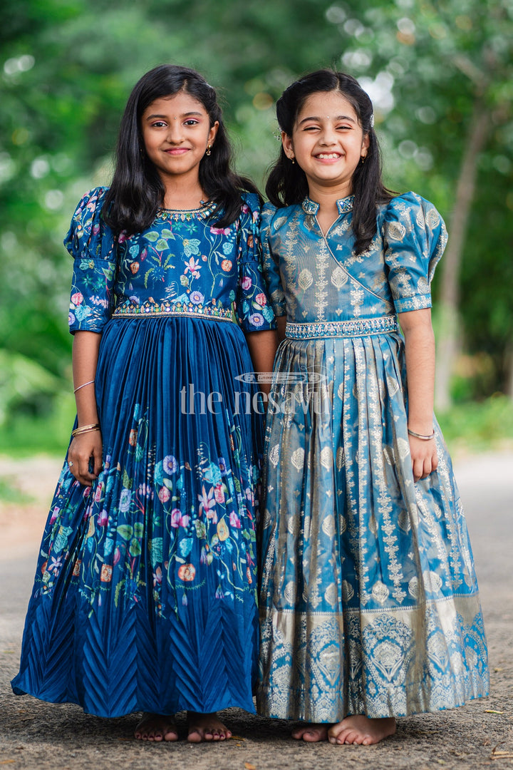 Navy Blue Girls Party Gown with Floral Embroidery and Puffed Sleeves for Formal Events