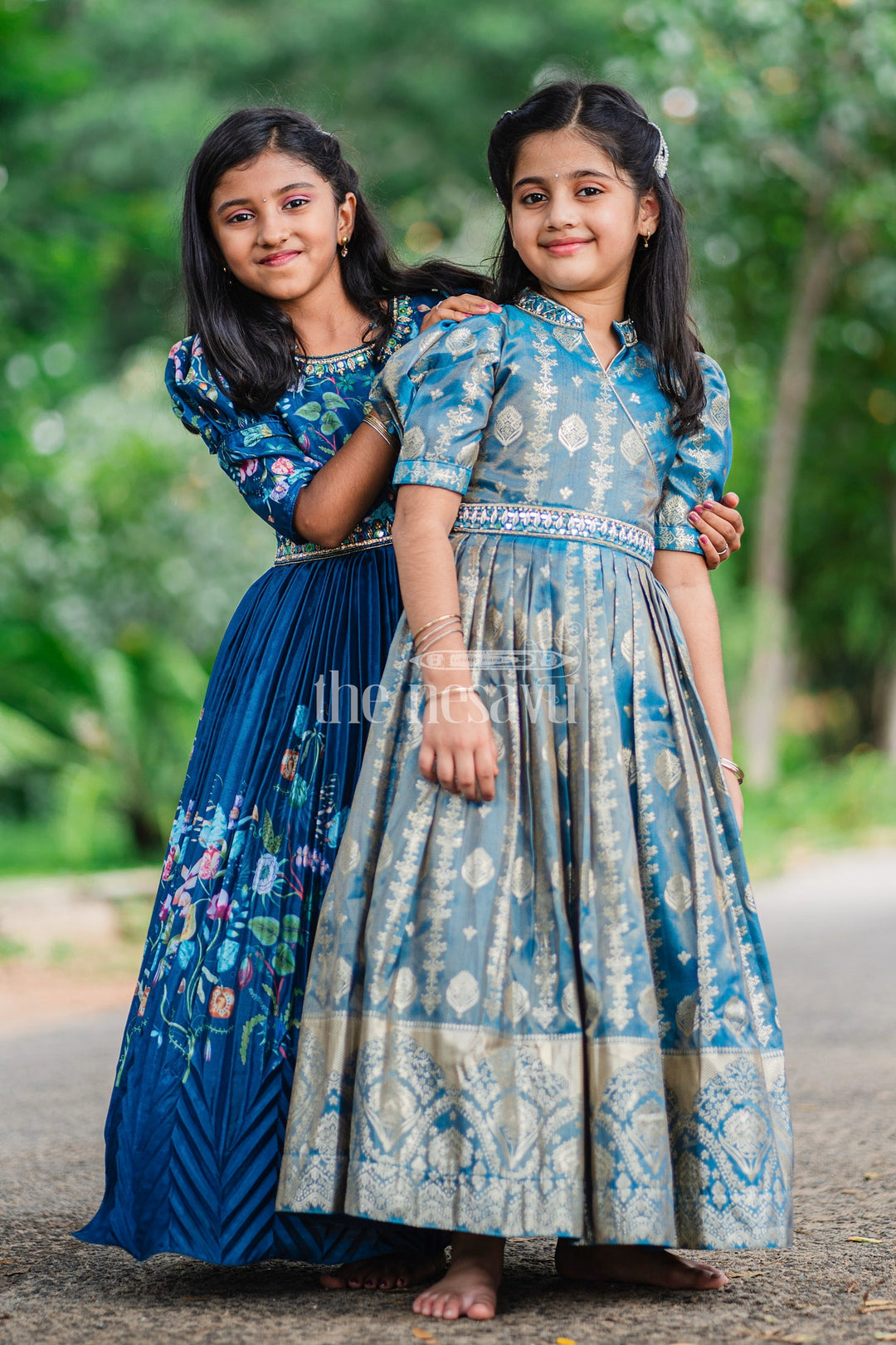 Navy Blue Girls Party Gown with Floral Embroidery and Puffed Sleeves for Formal Events