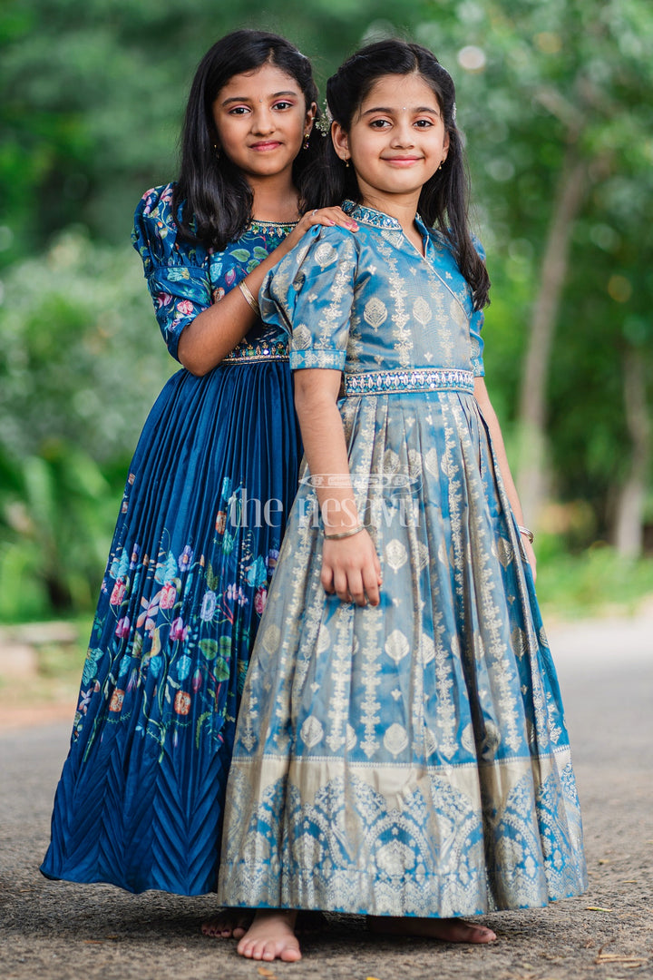 Navy Blue Girls Party Gown with Floral Embroidery and Puffed Sleeves for Formal Events