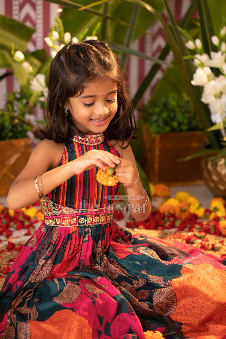 Girls Fancy Party Frock in Red Chinon Printed Fabric with Large Floral Patterns