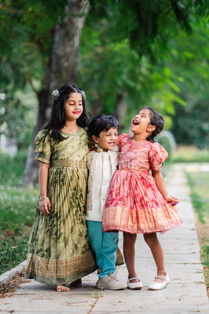 Girls Party Gown in Green Tissue Silk with Golden Floral Motifs and Pleated Full-Length Skirt