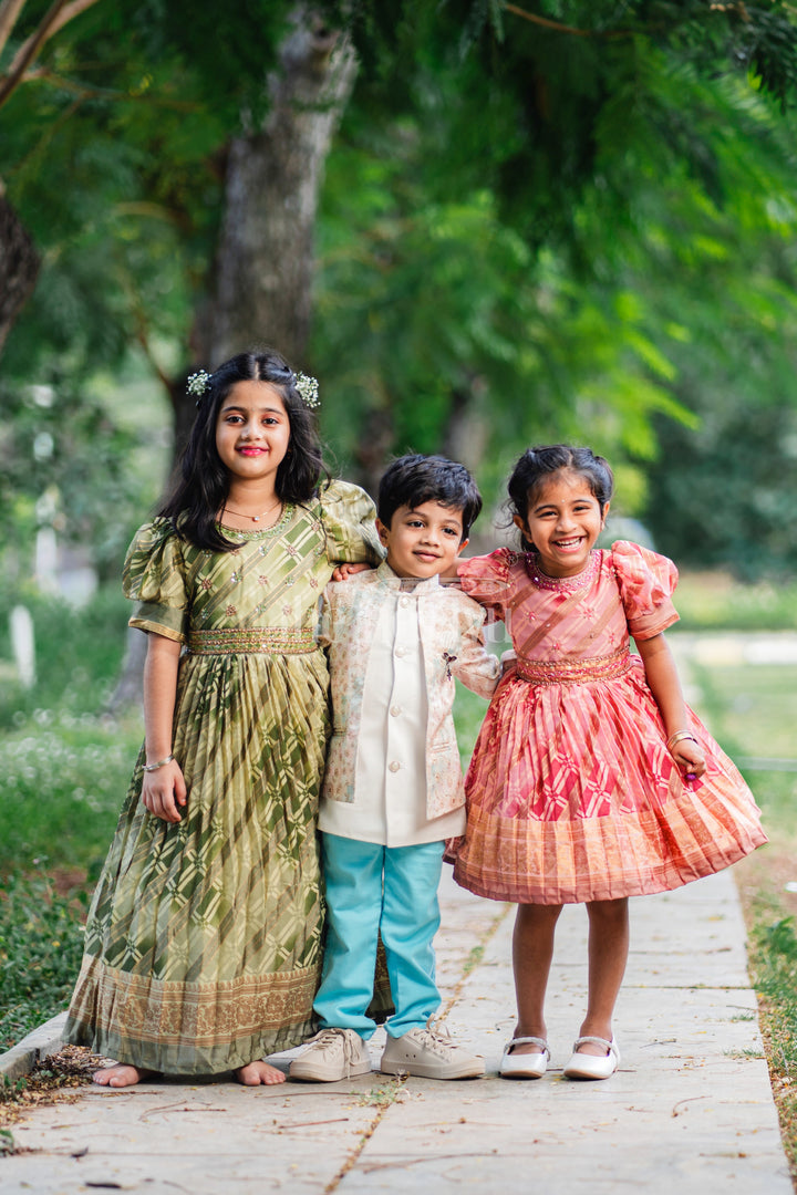 Girls Party Gown in Green Tissue Silk with Golden Floral Motifs and Pleated Full-Length Skirt