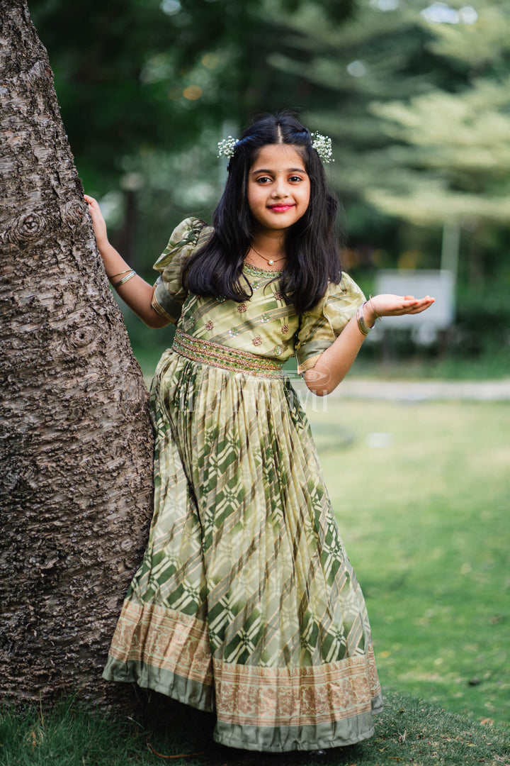 Girls Party Gown in Green Tissue Silk with Golden Floral Motifs and Pleated Full-Length Skirt