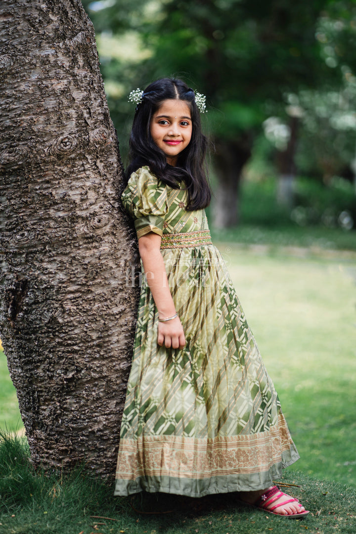 Girls Party Gown in Green Tissue Silk with Golden Floral Motifs and Pleated Full-Length Skirt