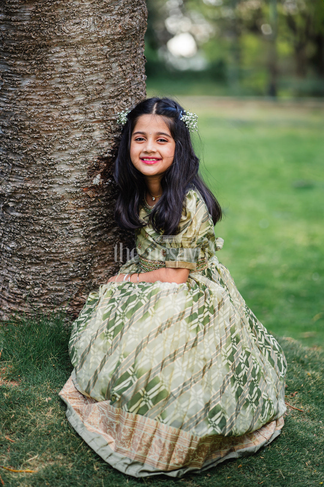 Girls Party Gown in Green Tissue Silk with Golden Floral Motifs and Pleated Full-Length Skirt