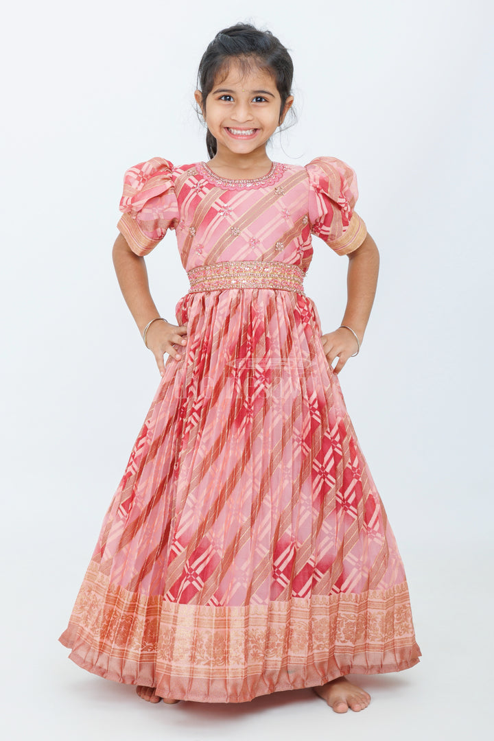 Girls Party Gown in Red Tissue Silk with Golden Accents and Geometric Pattern