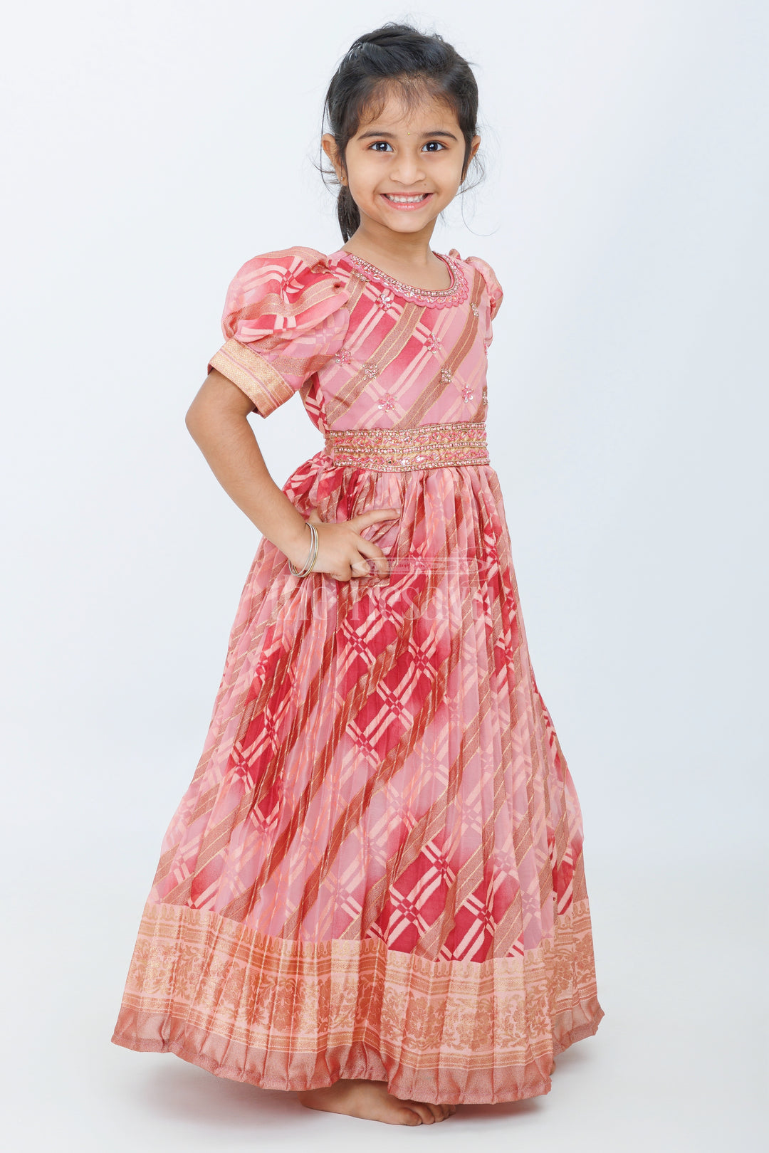 Girls Party Gown in Red Tissue Silk with Golden Accents and Geometric Pattern