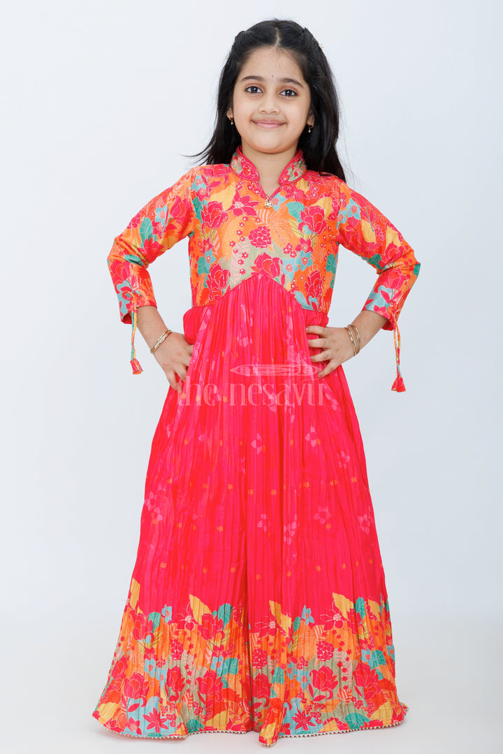 Girls Chinon Silk Party Gown with Vibrant Pleated Skirt and Floral Design