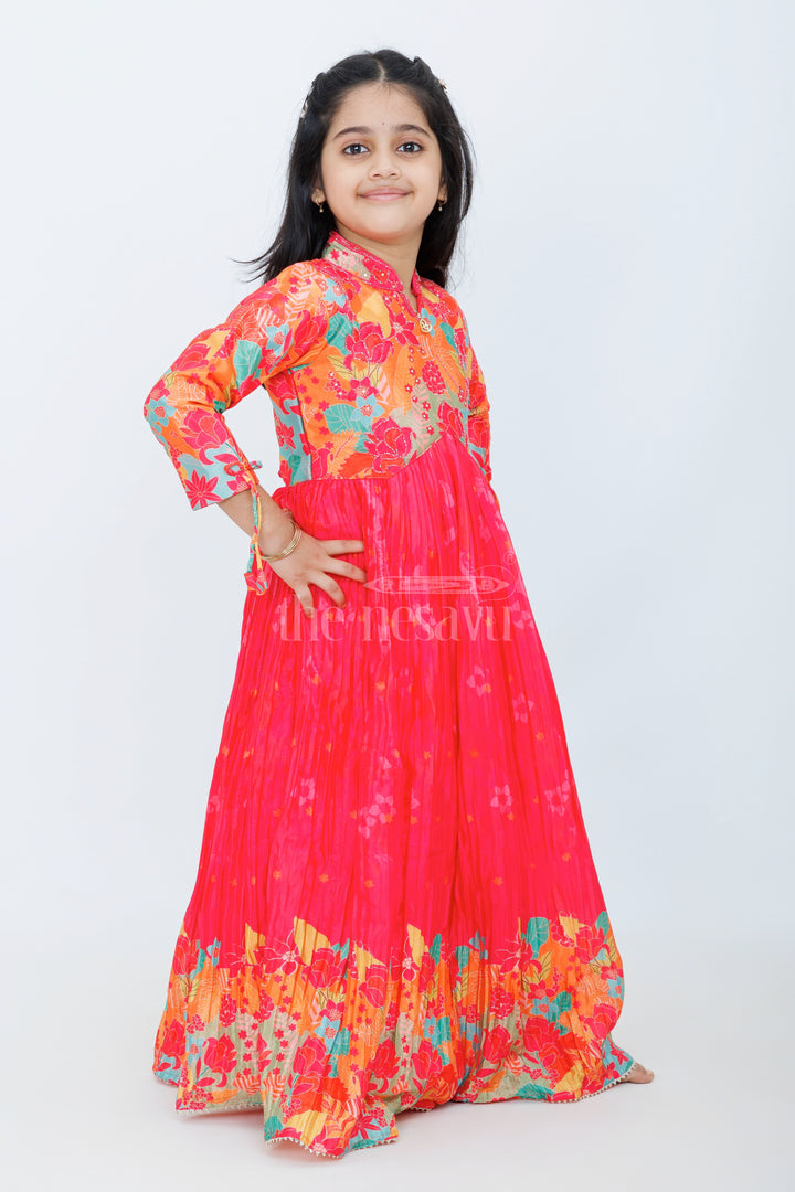 Girls Chinon Silk Party Gown with Vibrant Pleated Skirt and Floral Design