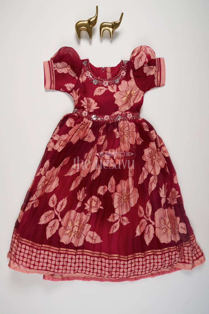 Girls Burgundy Party Gown with Floral Print and Puff Sleeves