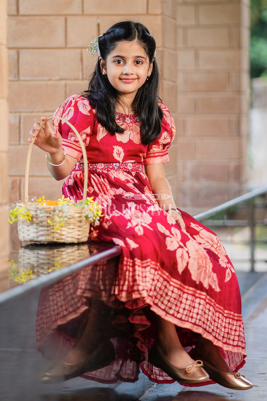 Girls Burgundy Party Gown with Floral Print and Puff Sleeves