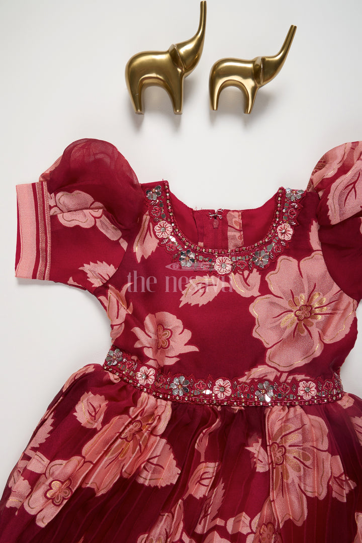 Girls Burgundy Party Gown with Floral Print and Puff Sleeves