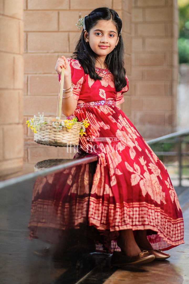 Girls Burgundy Party Gown with Floral Print and Puff Sleeves