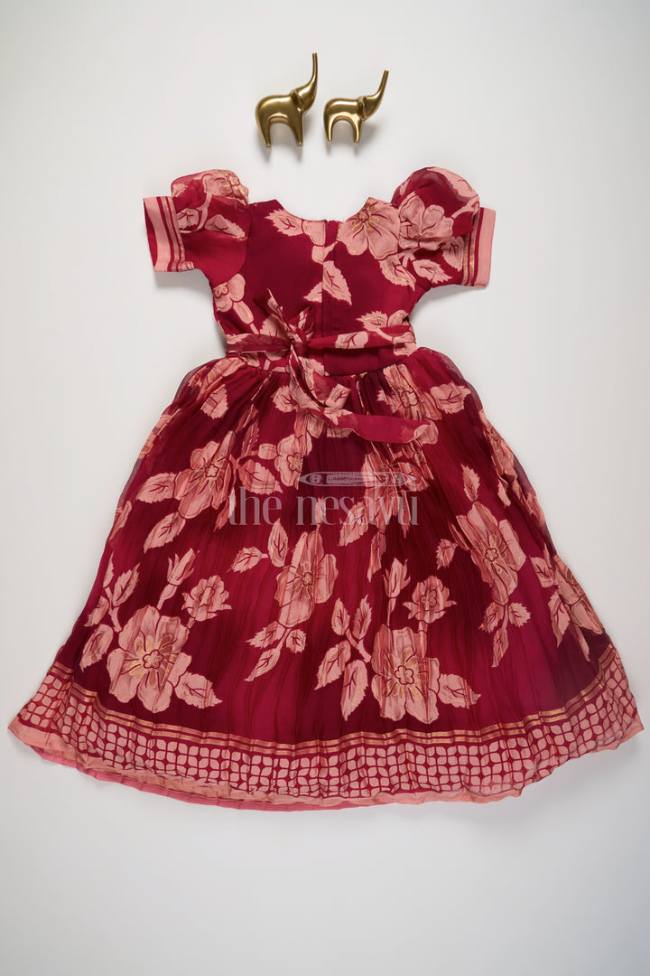 Girls Burgundy Party Gown with Floral Print and Puff Sleeves