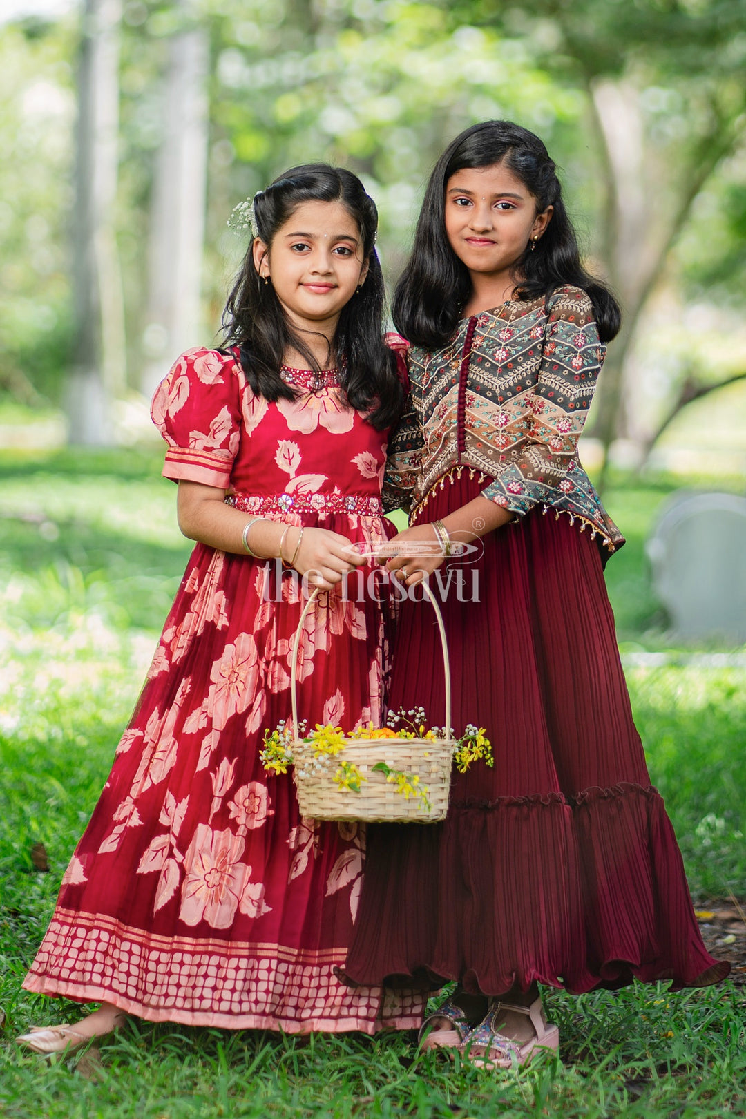 Girls Maroon Lehenga Set with Embroidered Green Jacket and Pleated Skirt for Festive Occasions