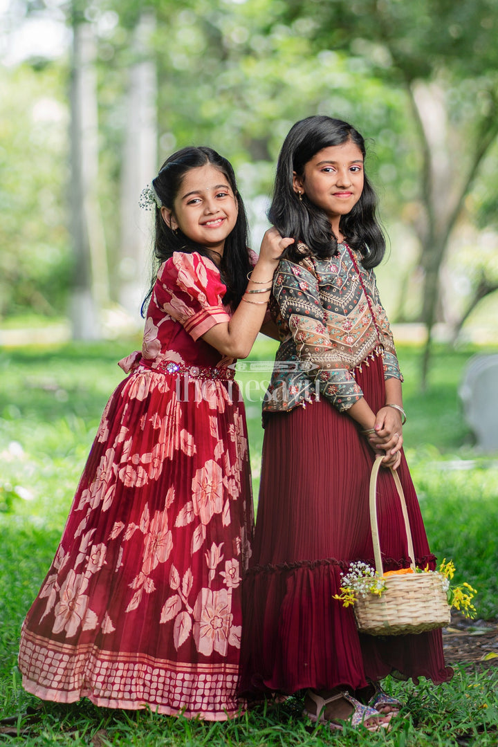 Girls Maroon Lehenga Set with Embroidered Green Jacket and Pleated Skirt for Festive Occasions