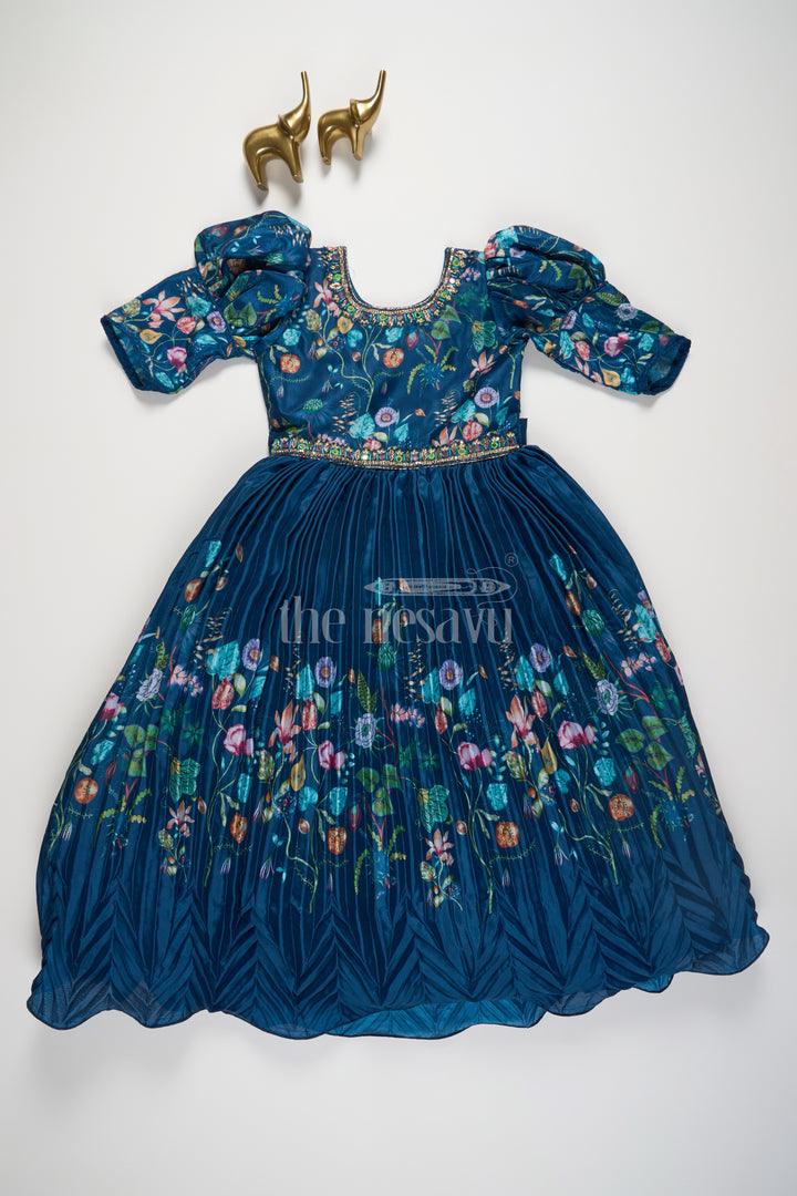 Navy Blue Girls Party Gown with Floral Embroidery and Puffed Sleeves for Formal Events