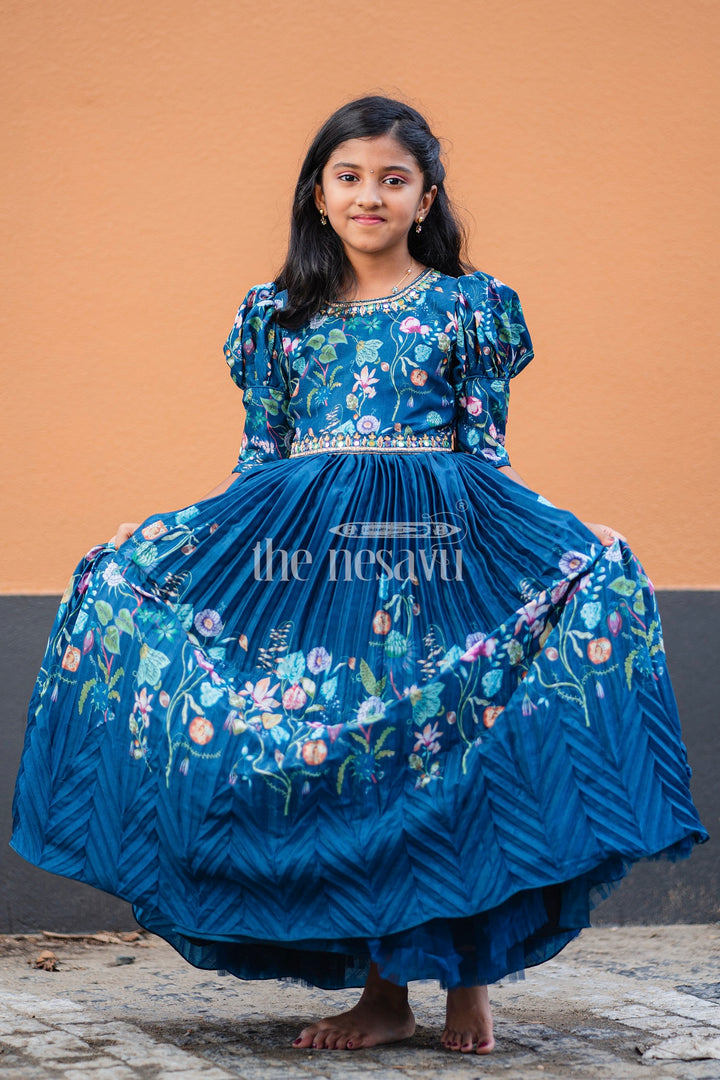 Navy Blue Girls Party Gown with Floral Embroidery and Puffed Sleeves for Formal Events