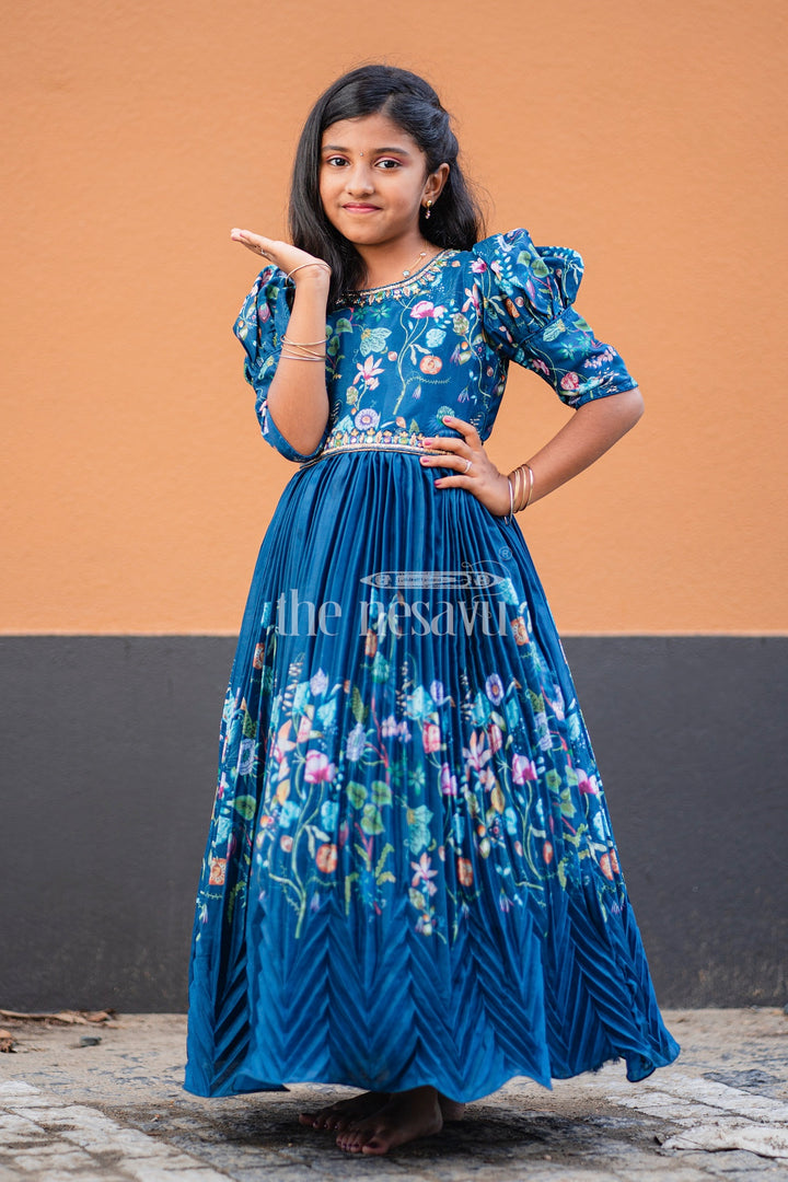 Navy Blue Girls Party Gown with Floral Embroidery and Puffed Sleeves for Formal Events