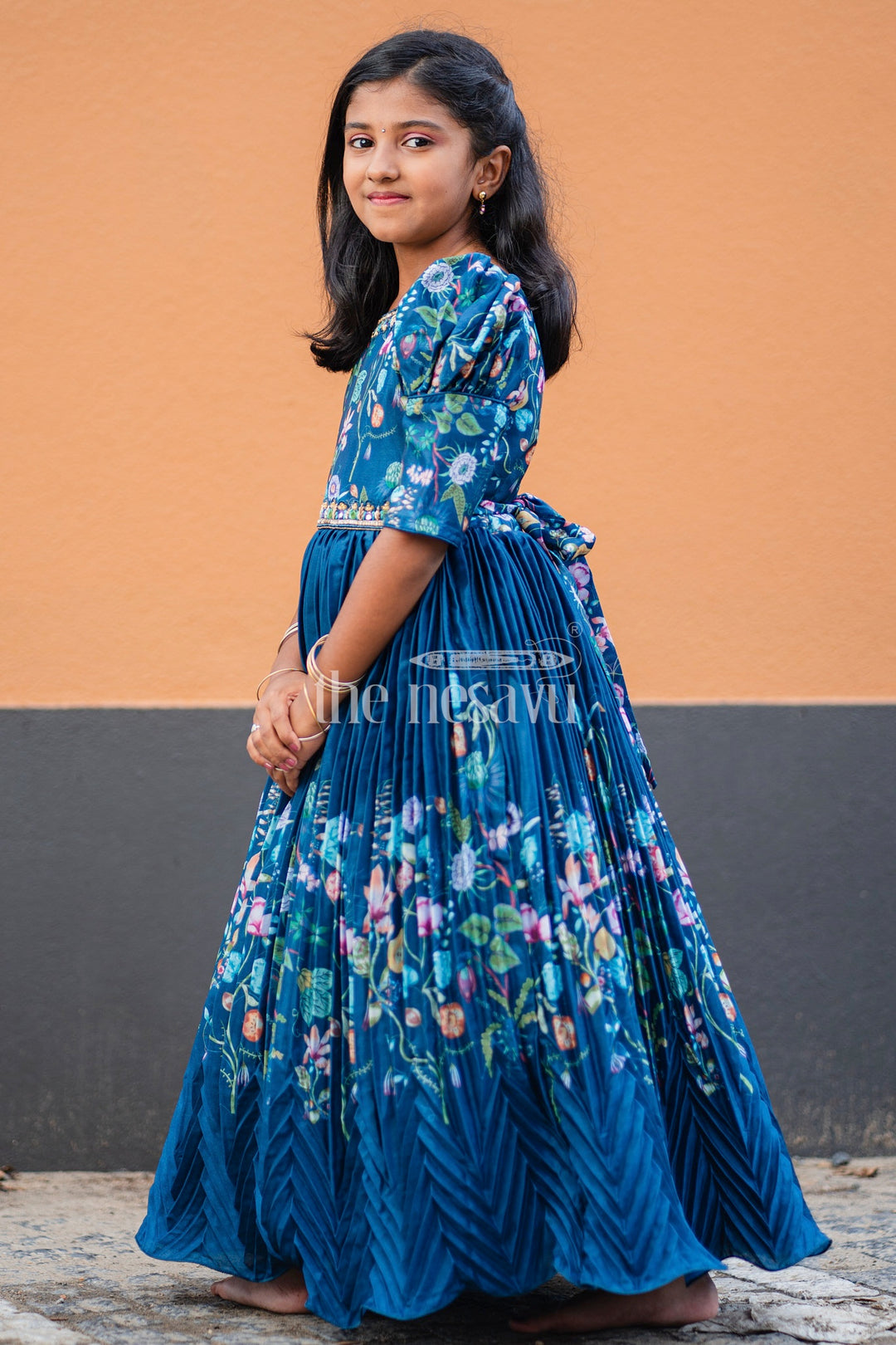 Navy Blue Girls Party Gown with Floral Embroidery and Puffed Sleeves for Formal Events