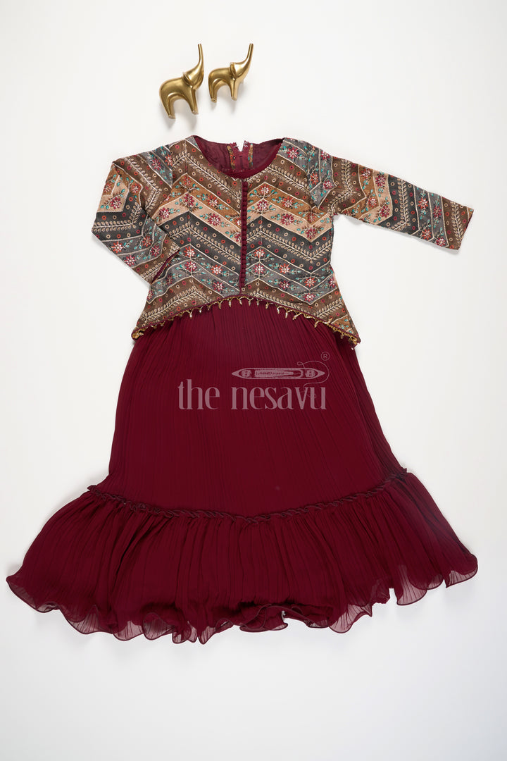 Girls Maroon Lehenga Set with Embroidered Green Jacket and Pleated Skirt for Festive Occasions