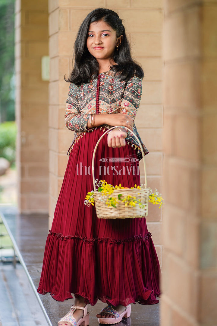 Girls Maroon Lehenga Set with Embroidered Green Jacket and Pleated Skirt for Festive Occasions