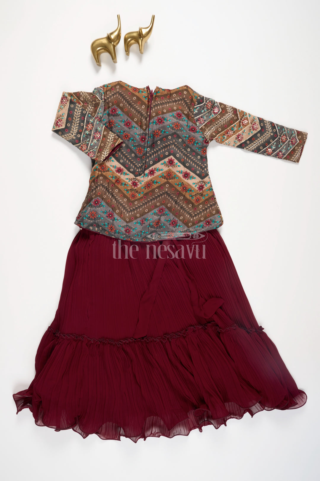 Girls Maroon Lehenga Set with Embroidered Green Jacket and Pleated Skirt for Festive Occasions