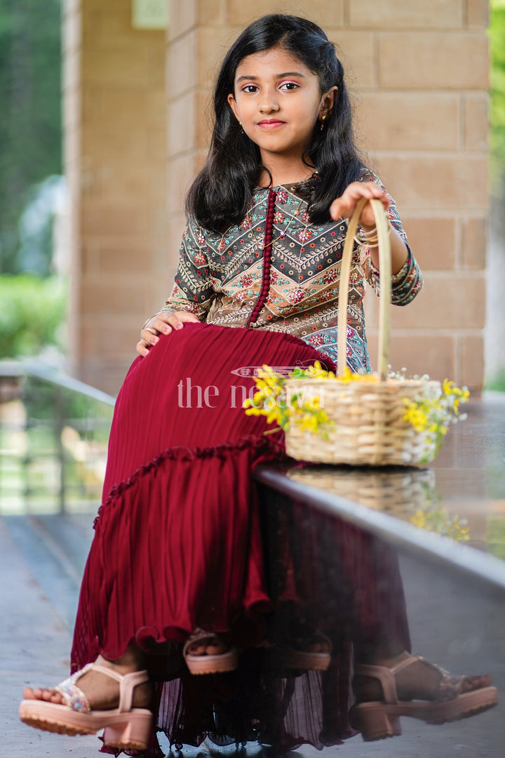 Girls Maroon Lehenga Set with Embroidered Green Jacket and Pleated Skirt for Festive Occasions