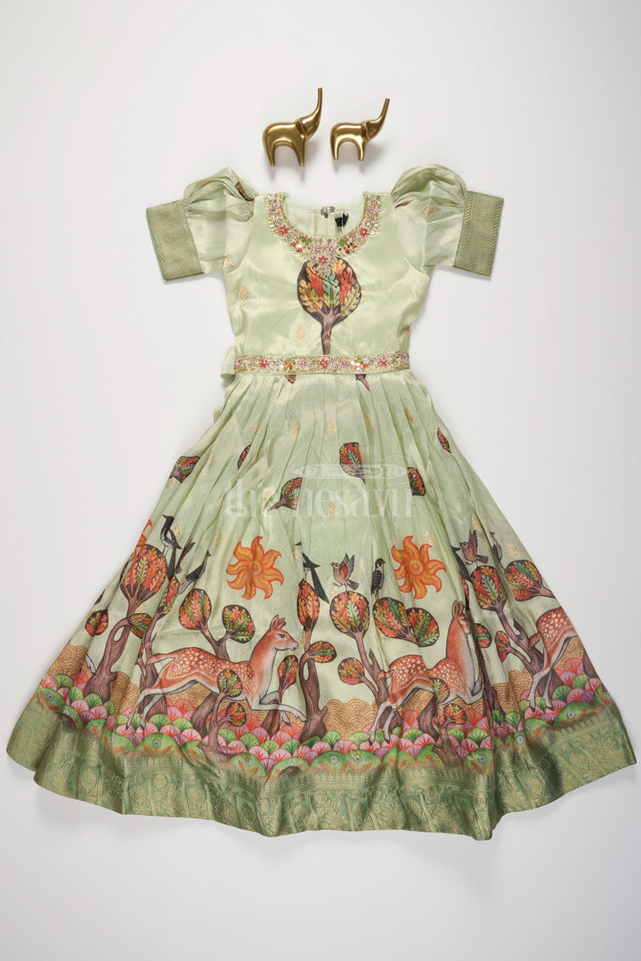 Green Girls Party Gown with Captivating Forest Animals Print and Pleated Skirt