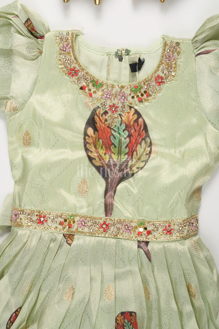 Green Girls Party Gown with Captivating Forest Animals Print and Pleated Skirt