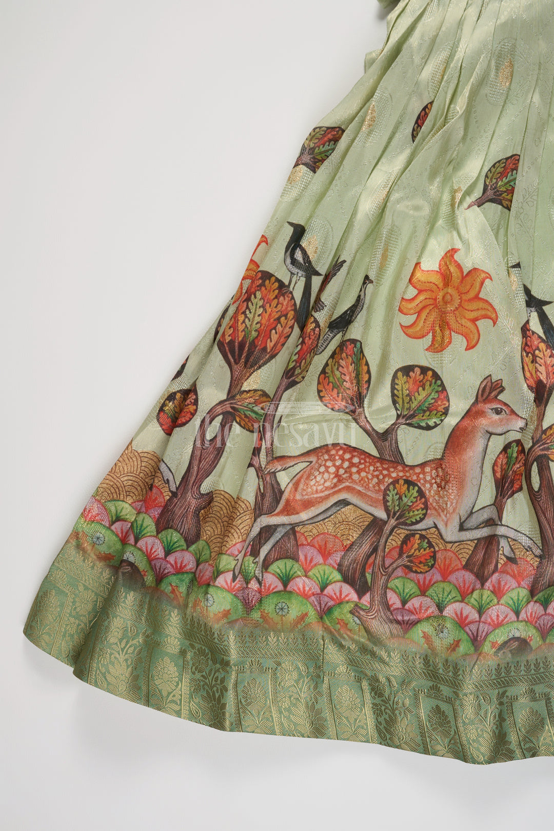 Green Girls Party Gown with Captivating Forest Animals Print and Pleated Skirt