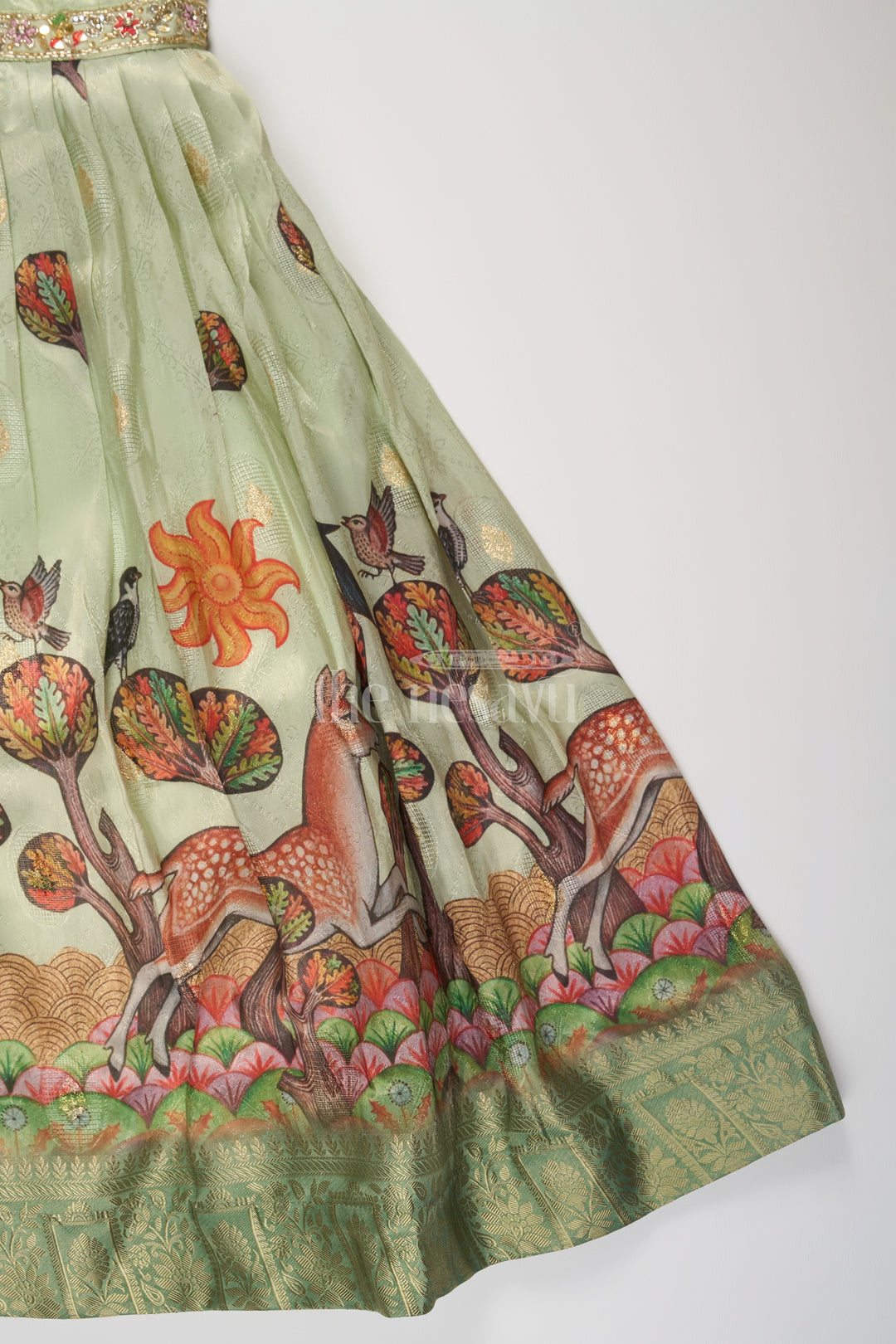 Green Girls Party Gown with Captivating Forest Animals Print and Pleated Skirt