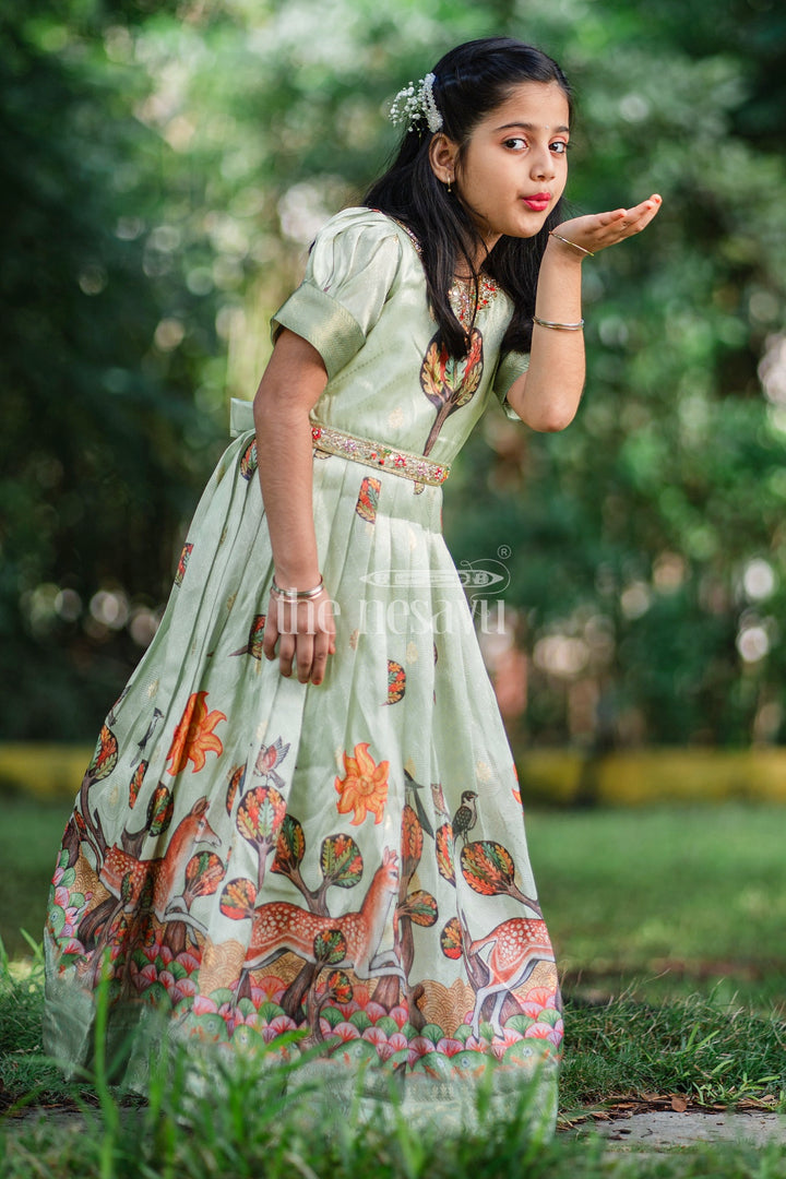 Green Girls Party Gown with Captivating Forest Animals Print and Pleated Skirt