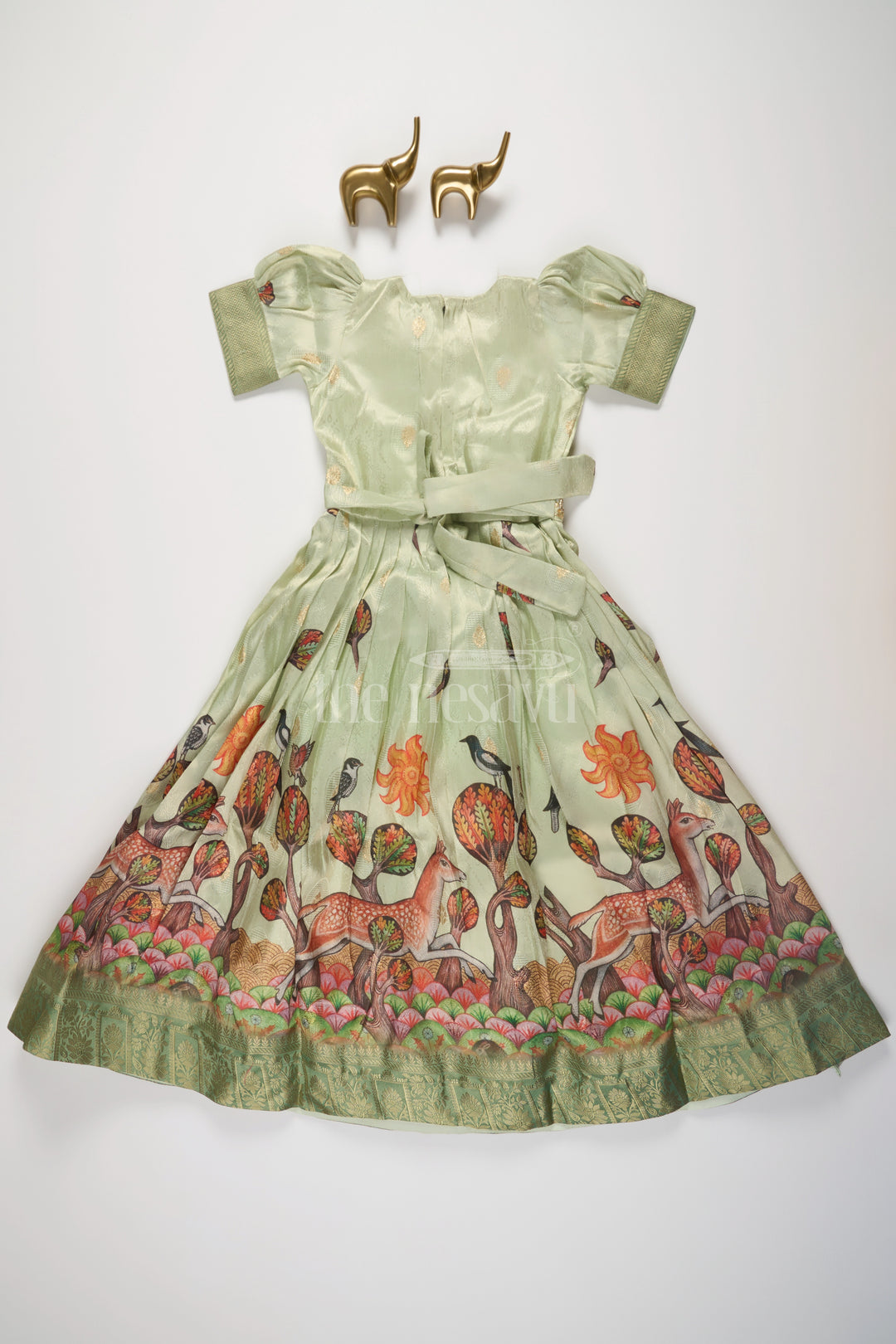 Green Girls Party Gown with Captivating Forest Animals Print and Pleated Skirt