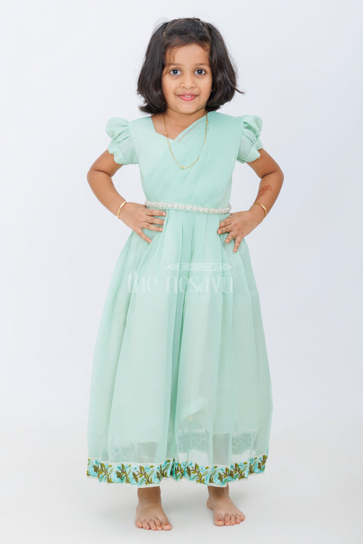 Girls Evening Party Gown in Georgette with Puff Sleeves and Embroidered Border