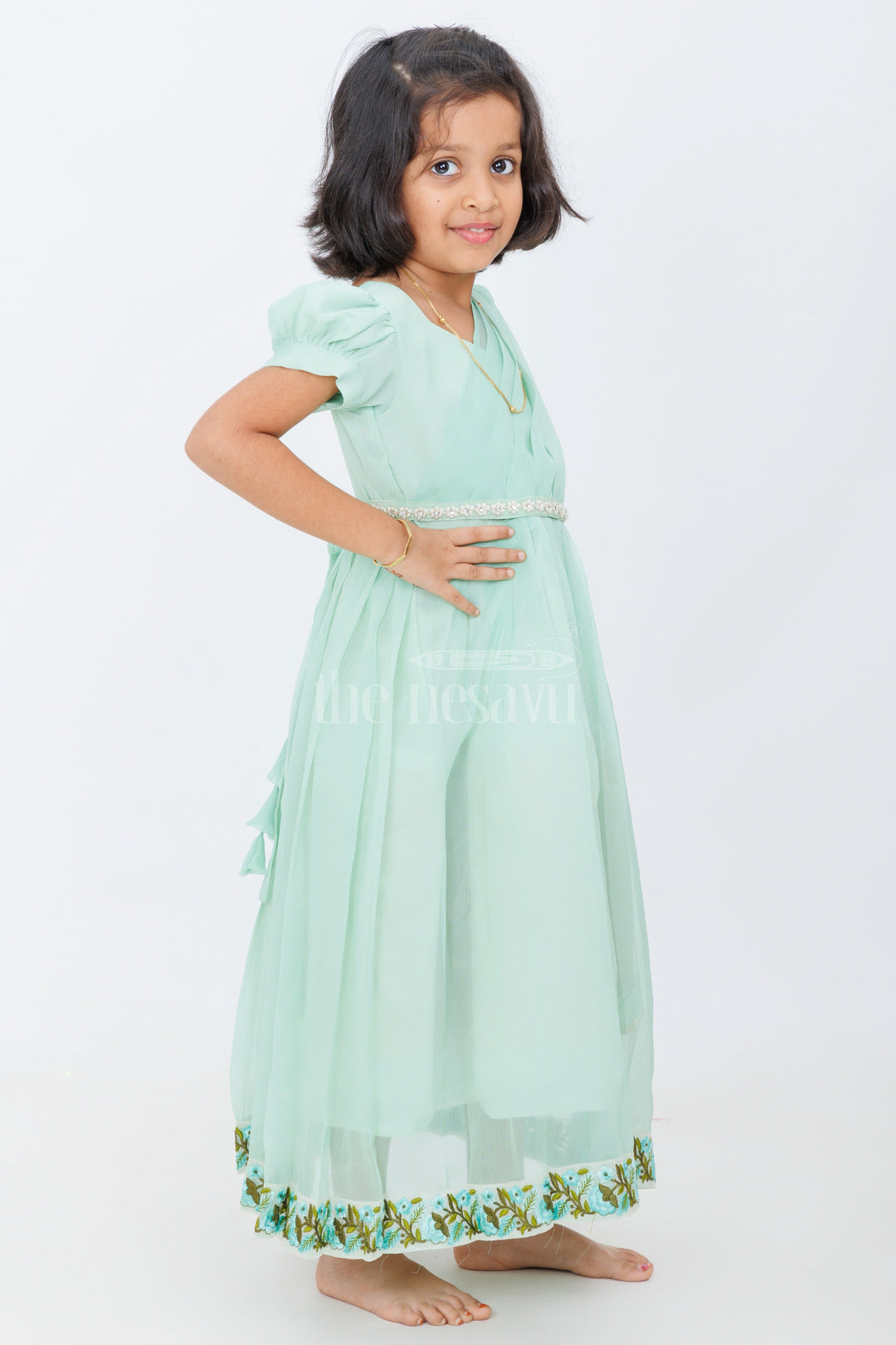 Girls Evening Party Gown in Georgette with Puff Sleeves and Embroidered Border