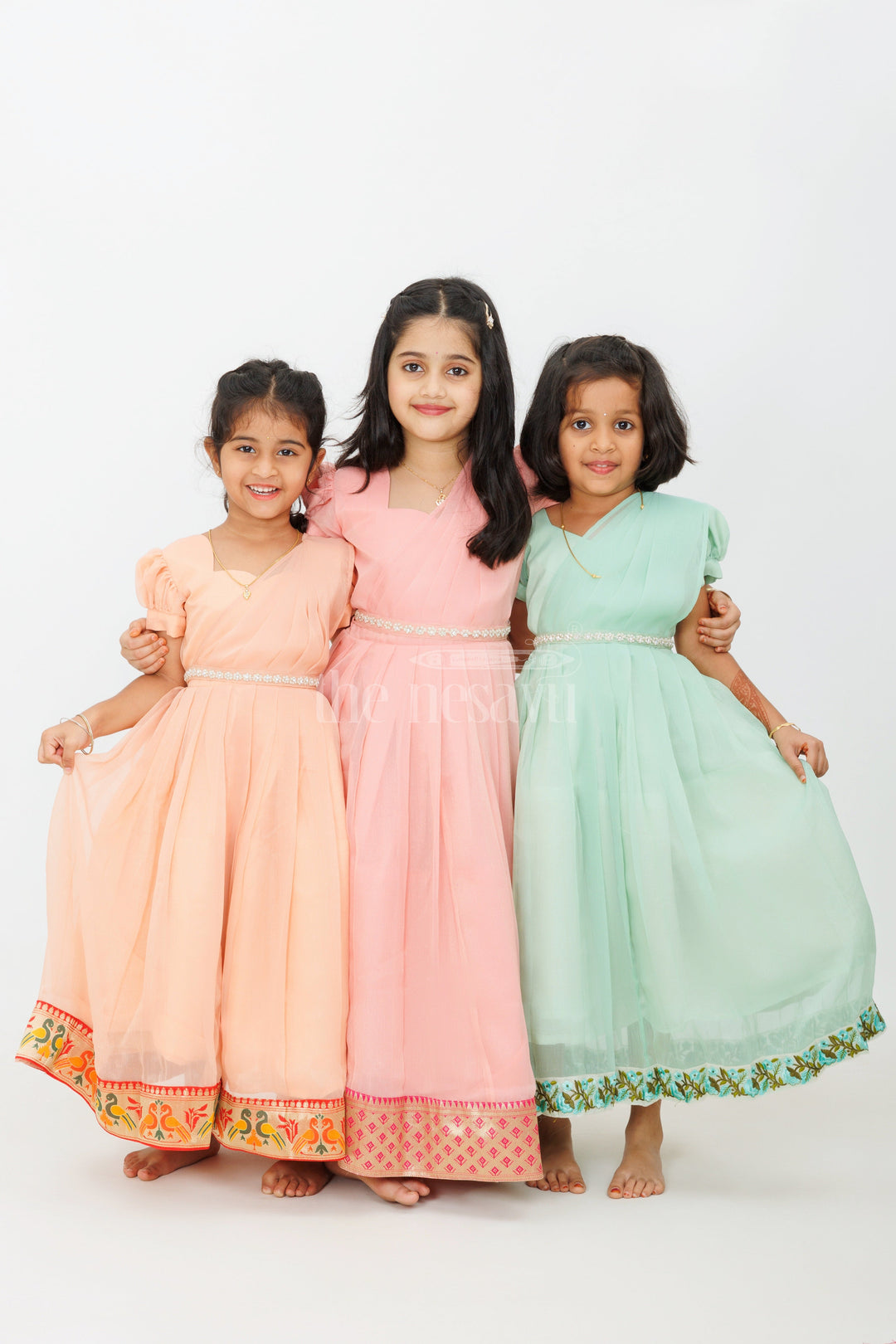 Girls Long Party Gown in Georgette with Puff Sleeves and Embroidered Border