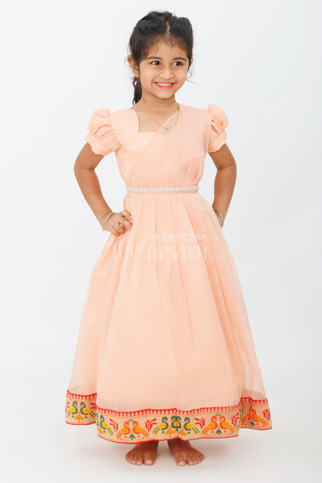 Girls Long Party Gown in Georgette with Puff Sleeves and Embroidered Border