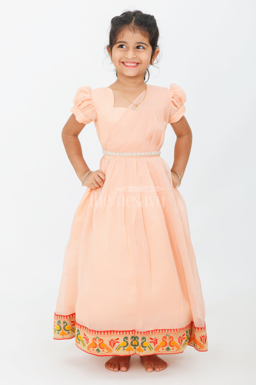 Girls Long Party Gown in Georgette with Puff Sleeves and Embroidered Border