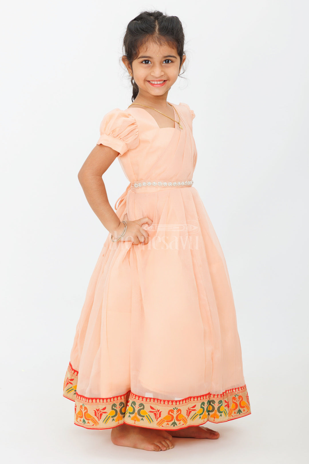 Girls Long Party Gown in Georgette with Puff Sleeves and Embroidered Border