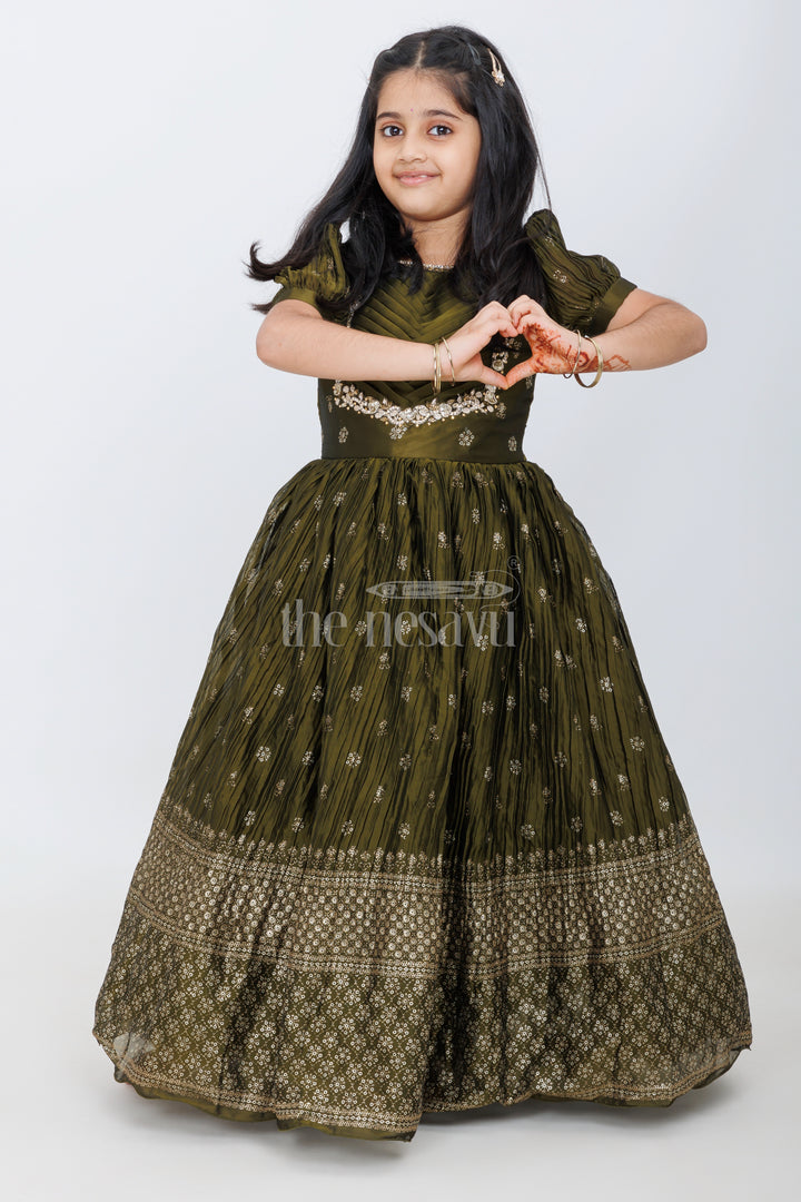 Olive Green Girls Silk Gown with Foil Print and Puff Sleeves for Heavy Party Wear