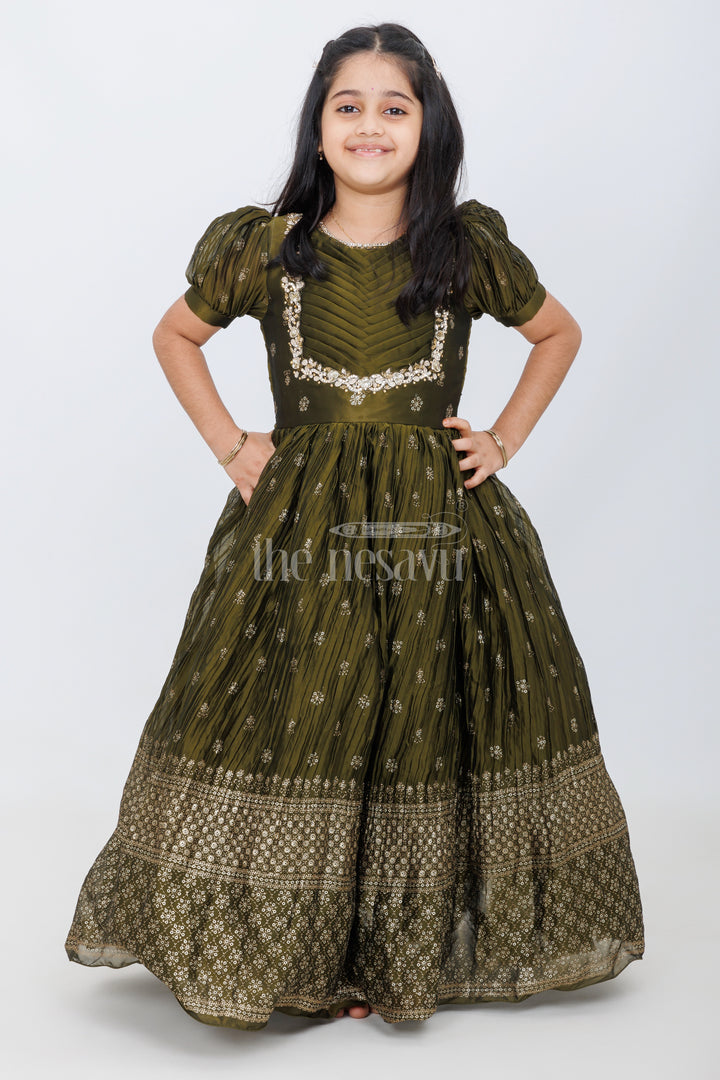 Olive Green Girls Silk Gown with Foil Print and Puff Sleeves for Heavy Party Wear