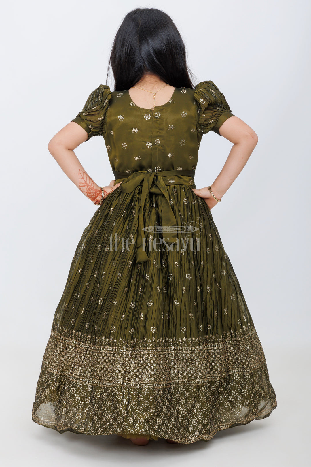 Olive Green Girls Silk Gown with Foil Print and Puff Sleeves for Heavy Party Wear