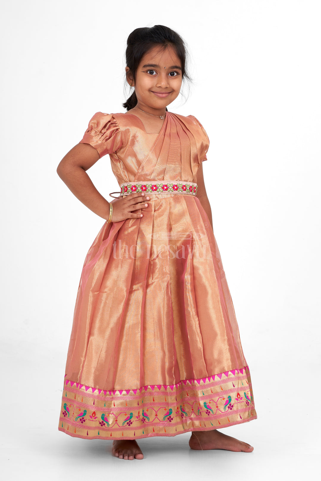 Girls Christmas Party Gown in Tissue Silk with Floral Embroidered Border